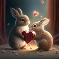 two rabbits holding a red heart in their paws, with hearts flying around them and on the ground