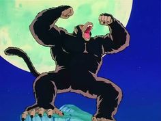 a cartoon gorilla is standing on one foot with his arms in the air and it's mouth wide open