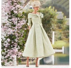 Elegant Sage Mother of the Bride Dress Tea Length Bateau Neck With Bow Three Quarter Sleeves Evening Party Gowns Mother of Groom sold by Wedding store on Storenvy Mother Of Bride Outfits, Bride And Groom Outfit, Mother Of Groom Dresses, Mother Of The Bride Outfit, Evening Party Gowns, Brocade Dresses, Bride Groom Dress, Groom Outfit, Bride Clothes