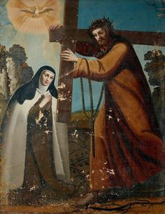 an old painting of jesus carrying the cross with a woman holding her hand up to him