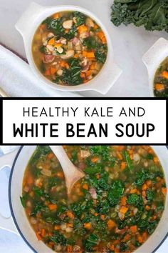 healthy kale and white bean soup in a bowl with a spoon on the side