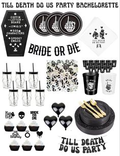 black and white party supplies including cupcakes, cake toppers, napkins