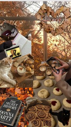 a collage of photos with cats, books and food on the table in front of them