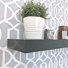 a potted plant sitting on top of a wooden shelf next to a cup and saucer