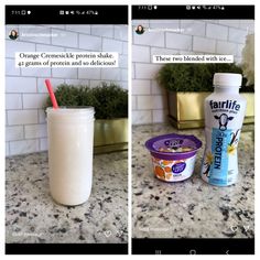 two pictures of yogurt and other items on a counter top, one has a straw in it