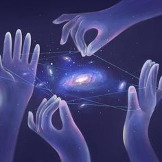 four hands reaching towards the center of a spiral galaxy with stars and lines in it