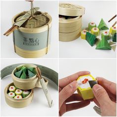 four different pictures showing the process of making origami sushi boxes with chopsticks