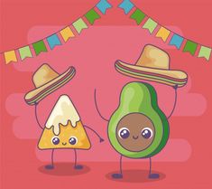 two cartoon avocados wearing sombreros and hats, one holding a slice of fruit