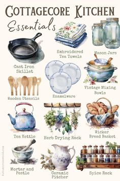 a poster with different types of kitchen utensils and other things to eat on it