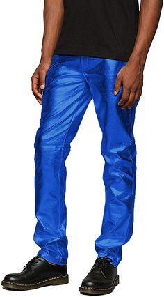 Our Metallic Shiny Pants Straight Leg Trousers are made from a smooth, lightweight fabric perfect for all day comfort. The pants feature pressed pleats and a straight leg fit that enhances your curves for a timeless look. The metallic blue finish adds a fun and unique touch to any outfit. 95% Polyester, 5% Spandex Zipper closure Straight Leg, Lightweight, Zip Closure, Classic four pockets styling. Shinny under light. Metallic shiny pants. Perfect for fashion forward look or fun costume. Size Cha Spring Blue Bottoms With Straight Fit, Slim Fit Full Length Solid Pants, Solid Slim Fit Pants For Spring, Solid Stretch Work Pants With Tapered Leg, Stretch Solid Work Pants With Tapered Leg, Slim Fit Pants For Spring, Fitted Solid Color Work Pants For Summer, Fitted Work Pants For Summer, Straight Fit Full Length Pants For Spring