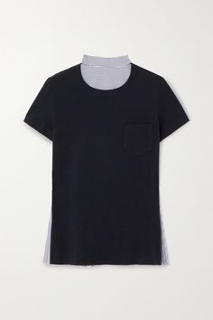 Sacai's experimental approach to design ensures even its more classic clothes feel entirely fresh. This cotton-jersey tee appears simple from the front and turns to reveal a striped poplin panel at the reverse resembling a collared shirt. It's partially pleated for volume and movement and has a chest patch pocket. Navy Cotton T-shirt For Work, Classic Clothes, Collared Shirt, Classic Outfits, Jersey Tee, Cotton Poplin, Cotton Shorts, Women Collection, Tshirt Logo