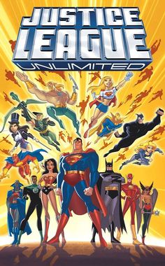 the justice league animated movie poster with many different dc characters in front of an orange background