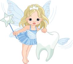 tooth fairy holding a toothbrush and toothpaste in her hand while standing next to it