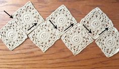 four pieces of crocheted doily are shown on a wooden surface with arrows pointing to them