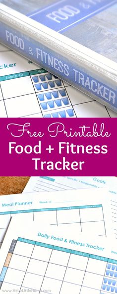 the free printable food and fitness tracker is on top of two binders with text overlay that says, free printable food and fitness tracker