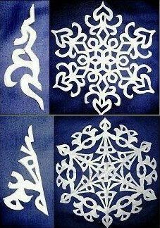 four different types of snowflakes are shown in three different pictures, one is white and the other is blue