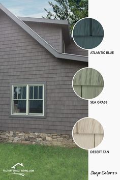 the exterior of a house with different shades of siding and shingles on each side