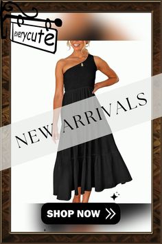 Black One-shoulder Swing Holiday Casual Dress Black One-shoulder Maxi Dress For Summer, Black One-shoulder Evening Dress For Spring, Black One-shoulder Mini Dress For Spring, Black One Shoulder Midi Dress For Spring, Black One-shoulder Midi Dress For Spring, Black Off-shoulder Maxi Dress For Vacation, One-shoulder Dress For Vacation, One-shoulder Vacation Dress, Casual Black Off-shoulder Maxi Dress