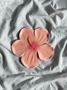 a pink flower laying on top of a white sheet