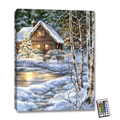 a painting of a cabin in the woods with deer and snow covered trees on it