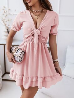 Women Sexy Dress Summer Fashion Deep V-neck Lace Up Short Sleeve Pink Ruffled Elastic Waist Mini Dresses for Women Casual Pink V-neck Mini Dress With Ruffle Hem, Solid V-neck Mini Dress With Ruffle Hem, Feminine Solid V-neck Mini Dress, V-neck Mini Dress With Ruffles, Flirty V-neck Mini Dress With Ruffle Hem, Feminine Ruched V-neck Mini Dress, V-neck Mini Dress With Ruffle Hem, Dresses For Women Casual, Pleated Party Dress