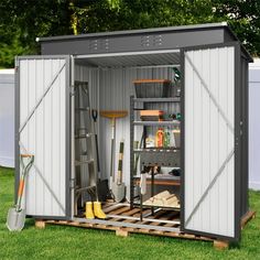 Organize all your lawn and garden tools conveniently with the Lofka Outdoor Storage Shed This spacious 6-foot by 4-foot storage unit offers ample storage space and a generous ceiling height, making it easy to move around inside. Whether you need to store your bike, lawnmower, or other essential items, this backyard shed provides comprehensive protection. The double doors ensure effortless access and can be locked for enhanced security. The provided bottom frame can better fix the entire shed on Diy Cabana, Slanted Roof, Outdoor Shed, Outdoor Storage Shed, Wood Storage Sheds, Roof Overhang, Metal Storage Sheds, Outdoor Storage Cabinet, Garden Tool Storage