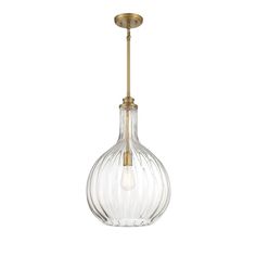 a clear glass light fixture hanging from a gold colored metal ceiling fixture with an open bulb