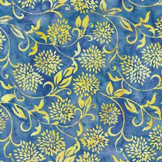 a blue background with yellow flowers and swirls on the bottom half of it,