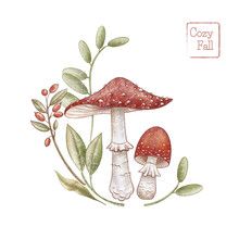 a watercolor painting of two mushrooms and leaves on a white background with the words cozy fall written below