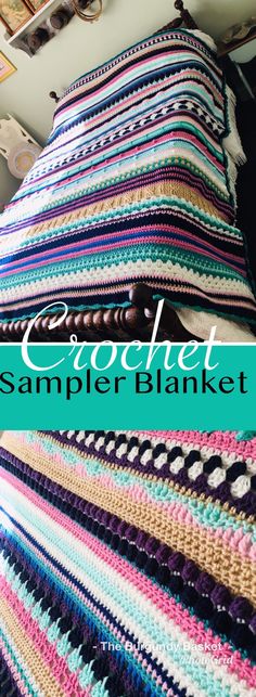 the crochet sample blanket is made with multicolored yarns and has an interesting