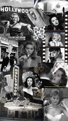 black and white collage with images of women in the movie industry, including hollywood