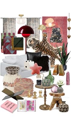 a collage of different items including lamps, pillows and rugs on a white background