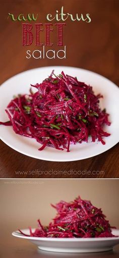 red cabbage salad in a white bowl on a wooden table with the words raw citrus beet salad