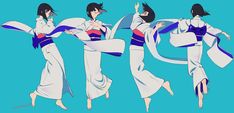 three women in white and blue outfits are dancing with their arms spread out to the side