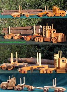 three different views of the same wooden truck