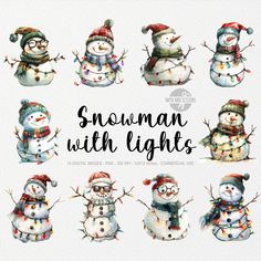 watercolor snowmen with lights clipart set example for commercial use in graphic design