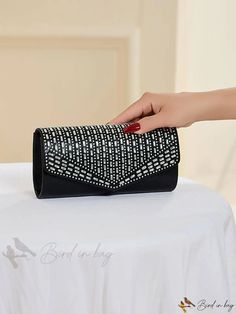 Bird in Bag - Rhinestone Decorative Chain Mail Envelope Black Rhinestone Clutch For Party, Chic Black Clutch With Rhinestones, Black Envelope Evening Bag For Party, Black Rhinestone Clutch For Night Out, Mail Envelope, Mini Envelopes, Minimalist Pattern, Novelty Bags, Color Champagne