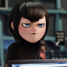 an animated doll is looking at a computer screen with blue eyes and black hair,