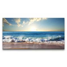 an ocean scene with waves crashing on the beach and sun shining in the sky above