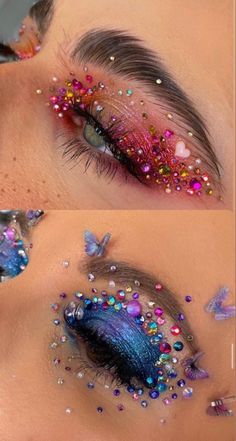 Bejewel Makeup, Bejeweled Inspired Makeup, Bejeweled Halloween Makeup, Edm Makeup Ideas Glitter, Colorful Rhinestone Makeup, Festival Makeup Eyes, Bedazzled Makeup Rhinestones, Beyond Wonderland Makeup, Rainbow Rhinestone Makeup