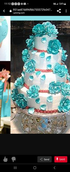 the cake is decorated with blue flowers and ribbons