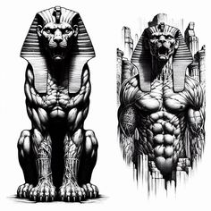 two drawings of an egyptian sphinx, one in black and white