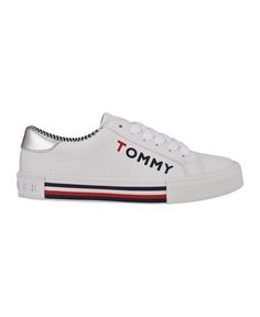 Tommy Hilfiger Sneakers For Spring, Tommy Hilfiger Lace-up Sneakers For Spring, Tommy Hilfiger Lace-up Sneakers, White Sneakers With Embossed Logo For Spring, Trendy White Sneakers With Embroidered Logo, Spring White Sneakers With Embossed Logo, Trendy Tommy Hilfiger Sneakers For Spring, Trendy White Sneakers With Embossed Logo, White Sporty Sneakers With Appliqué Logo