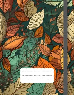 a notebook with leaves on it and the cover is lined in orange, yellow and green