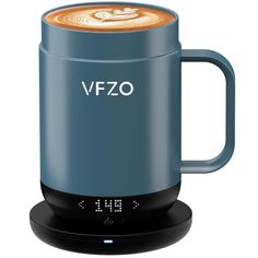 an image of a coffee mug with the word vfzo on it's side