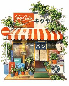 an illustration of a store front with plants on the outside