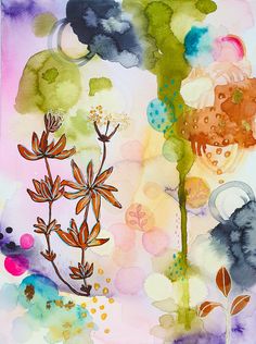 an abstract painting with watercolors and ink on paper, depicting flowers in various colors