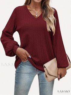 Lasaky - Stylish and Casual Long Sleeve Blouse with Bubble Sleeves and Waist Belt Casual Red Blouse For Winter, Casual Long Sleeve Burgundy Blouse, Casual Burgundy Blouse For Fall, Split Sweater, Lantern Sleeved Blouses, Bubble Sleeve, Long Sleeve Pullover Sweater, Sleeves Clothing, Long Sleeve Knit Tops