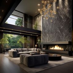 a living room with a large couch and a fire place in the middle of it