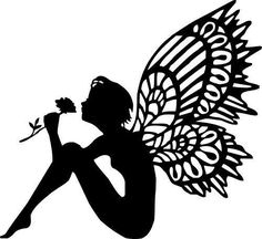 a black and white silhouette of a girl with wings holding a flower in her hand